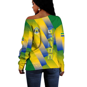 Gabon Flag Off Shoulder Sweater - National Coat of Arms and Vertical Design