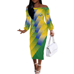 Gabon Flag Off The Shoulder Long Sleeve Dress - National Coat of Arms and Vertical Design