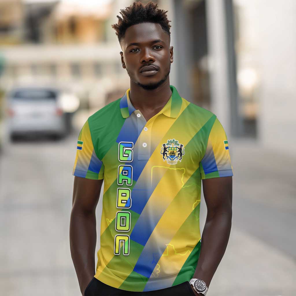 Gabon Flag Polo Shirt - National Coat of Arms and Vertical Design