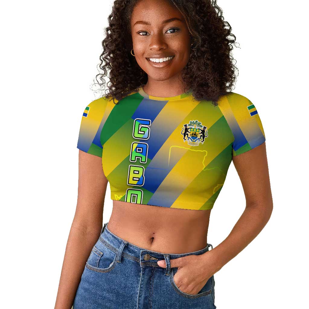 Gabon Flag Raglan Cropped T shirt - National Coat of Arms and Vertical Design