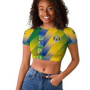 Gabon Flag Raglan Cropped T shirt - National Coat of Arms and Vertical Design