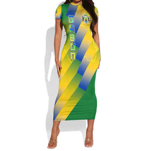 Gabon Flag Short Sleeve Bodycon Dress - National Coat of Arms and Vertical Design