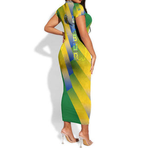 Gabon Flag Short Sleeve Bodycon Dress - National Coat of Arms and Vertical Design