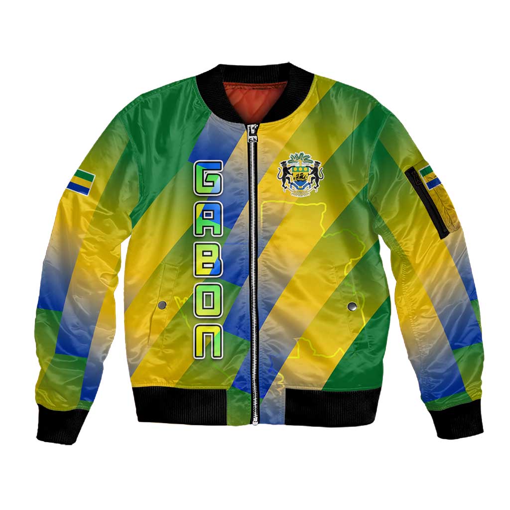 Gabon Flag Sleeve Zip Bomber Jacket - National Coat of Arms and Vertical Design