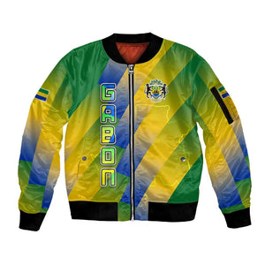 Gabon Flag Sleeve Zip Bomber Jacket - National Coat of Arms and Vertical Design