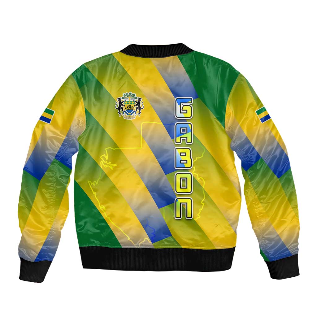 Gabon Flag Sleeve Zip Bomber Jacket - National Coat of Arms and Vertical Design