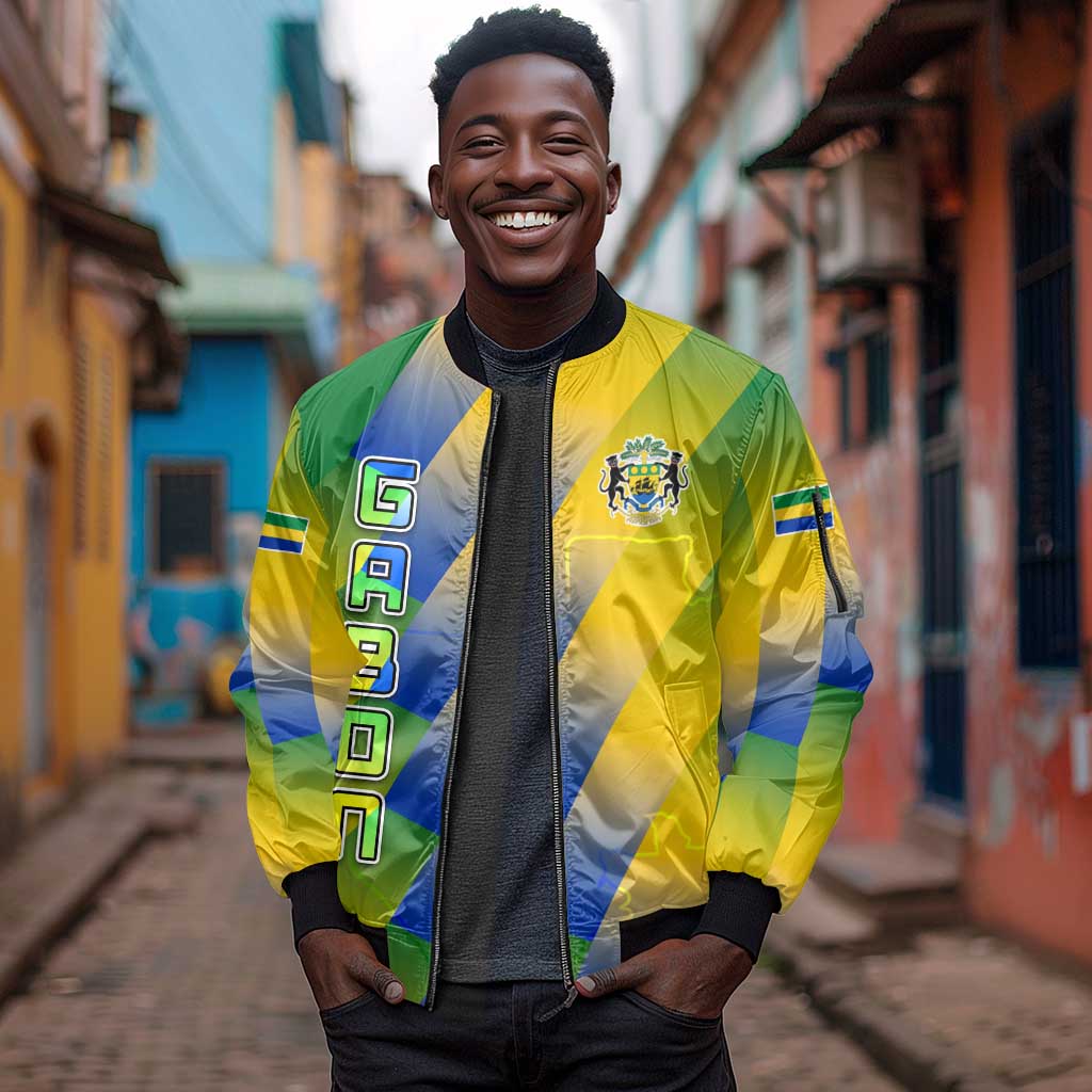 Gabon Flag Sleeve Zip Bomber Jacket - National Coat of Arms and Vertical Design