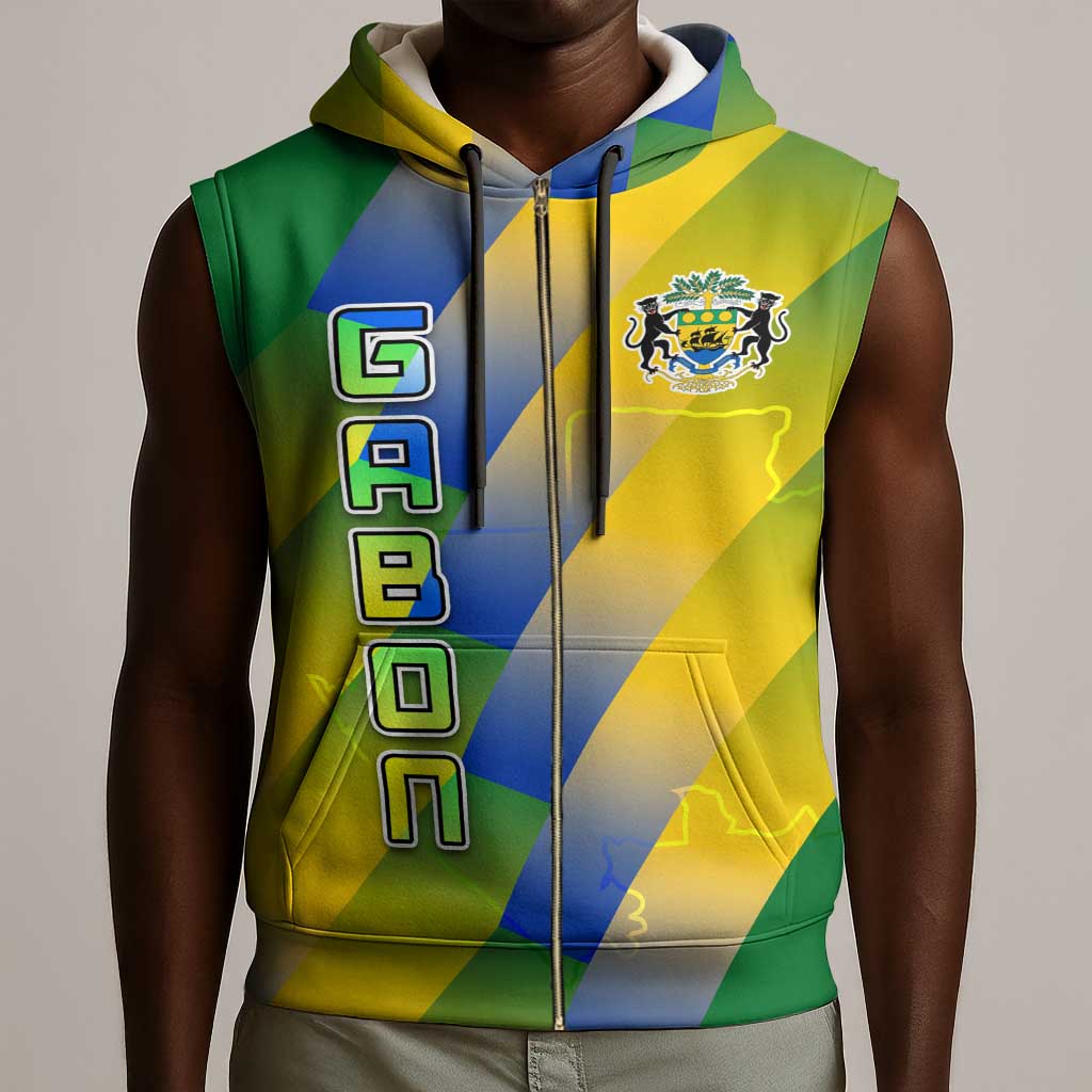 Gabon Flag Sleeveless Zip Hoodie - National Coat of Arms and Vertical Design - African Pride
