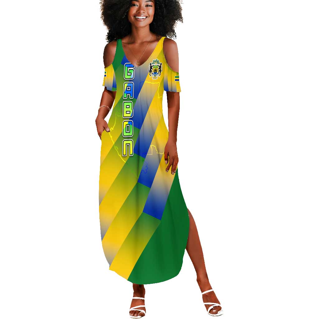 Gabon Flag Summer Maxi Dress - National Coat of Arms and Vertical Design