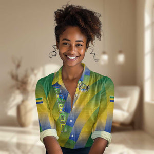 Gabon Flag Women Casual Shirt - National Coat of Arms and Vertical Design
