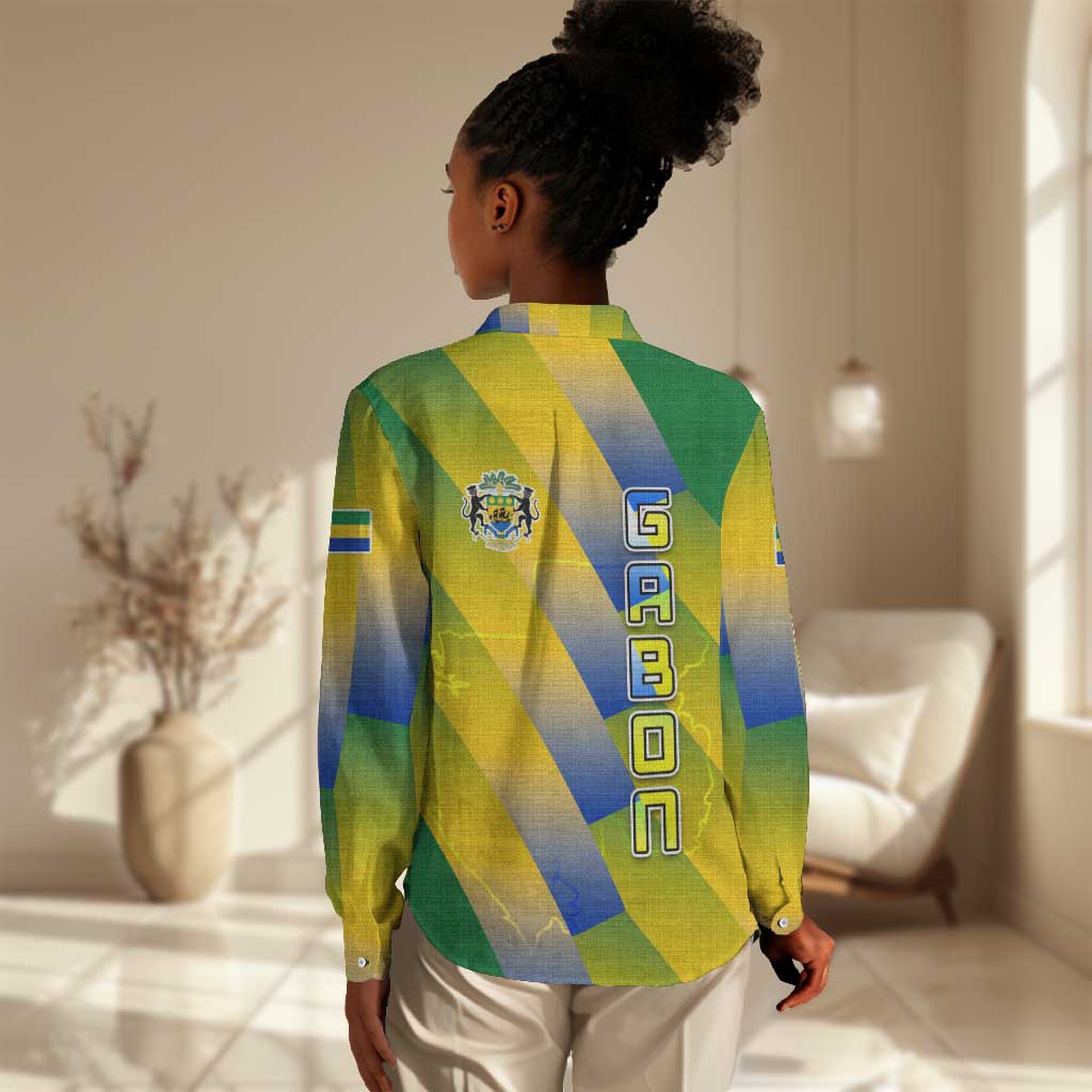 Gabon Flag Women Casual Shirt - National Coat of Arms and Vertical Design