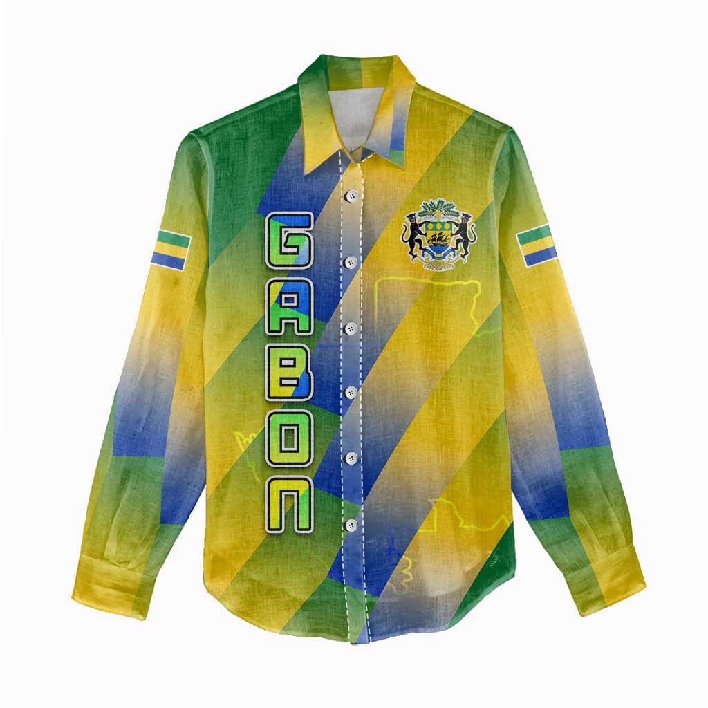 Gabon Flag Women Casual Shirt - National Coat of Arms and Vertical Design