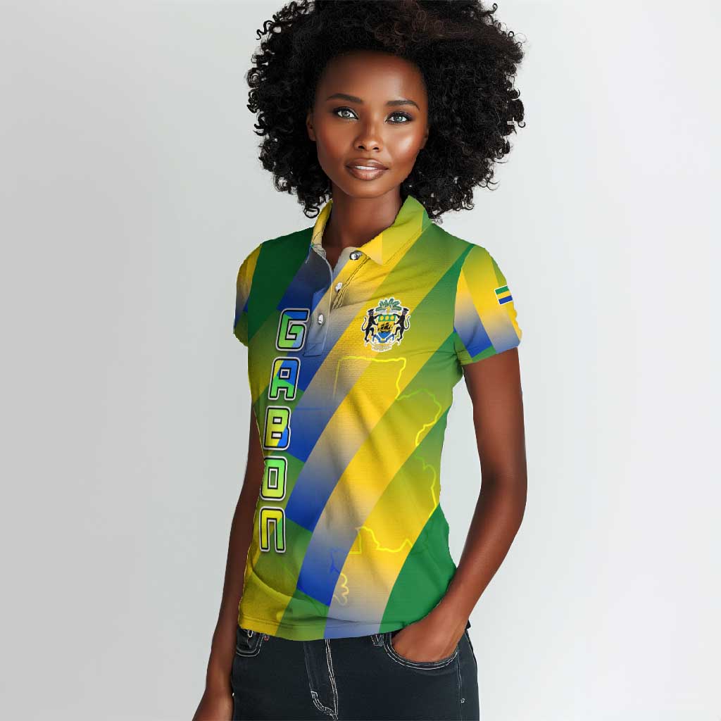 Gabon Flag Women Polo Shirt - National Coat of Arms and Vertical Design