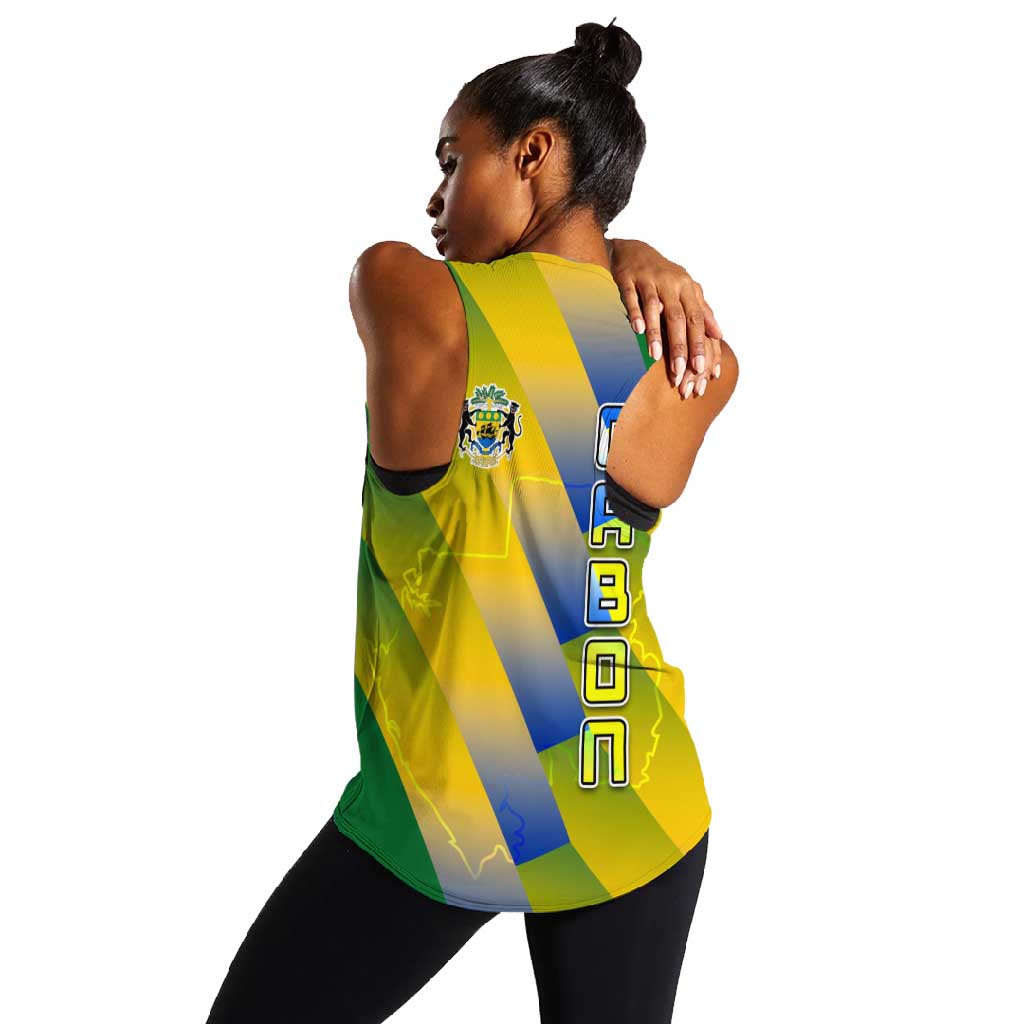 Gabon Flag Women Racerback Tank - National Coat of Arms and Vertical Design