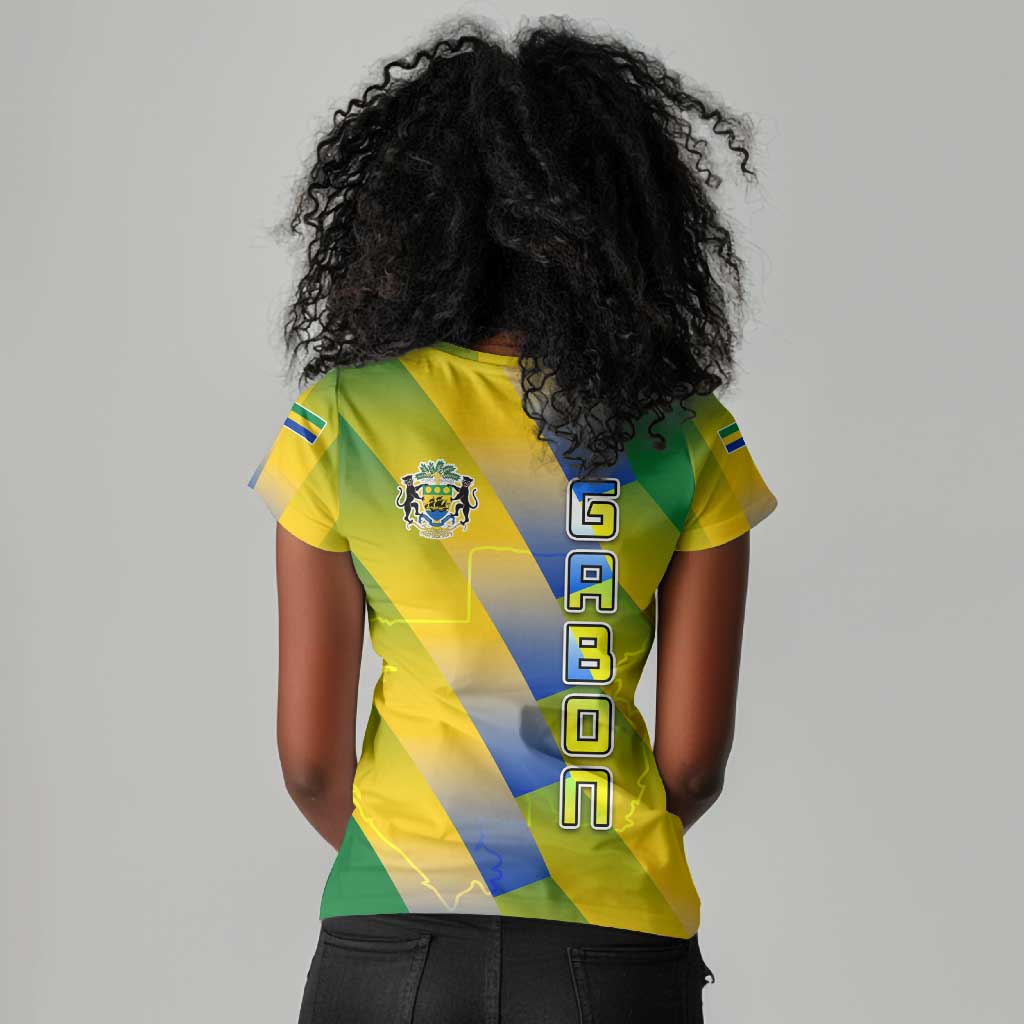 Gabon Flag Women V-Neck T-Shirt - National Coat of Arms and Vertical Design