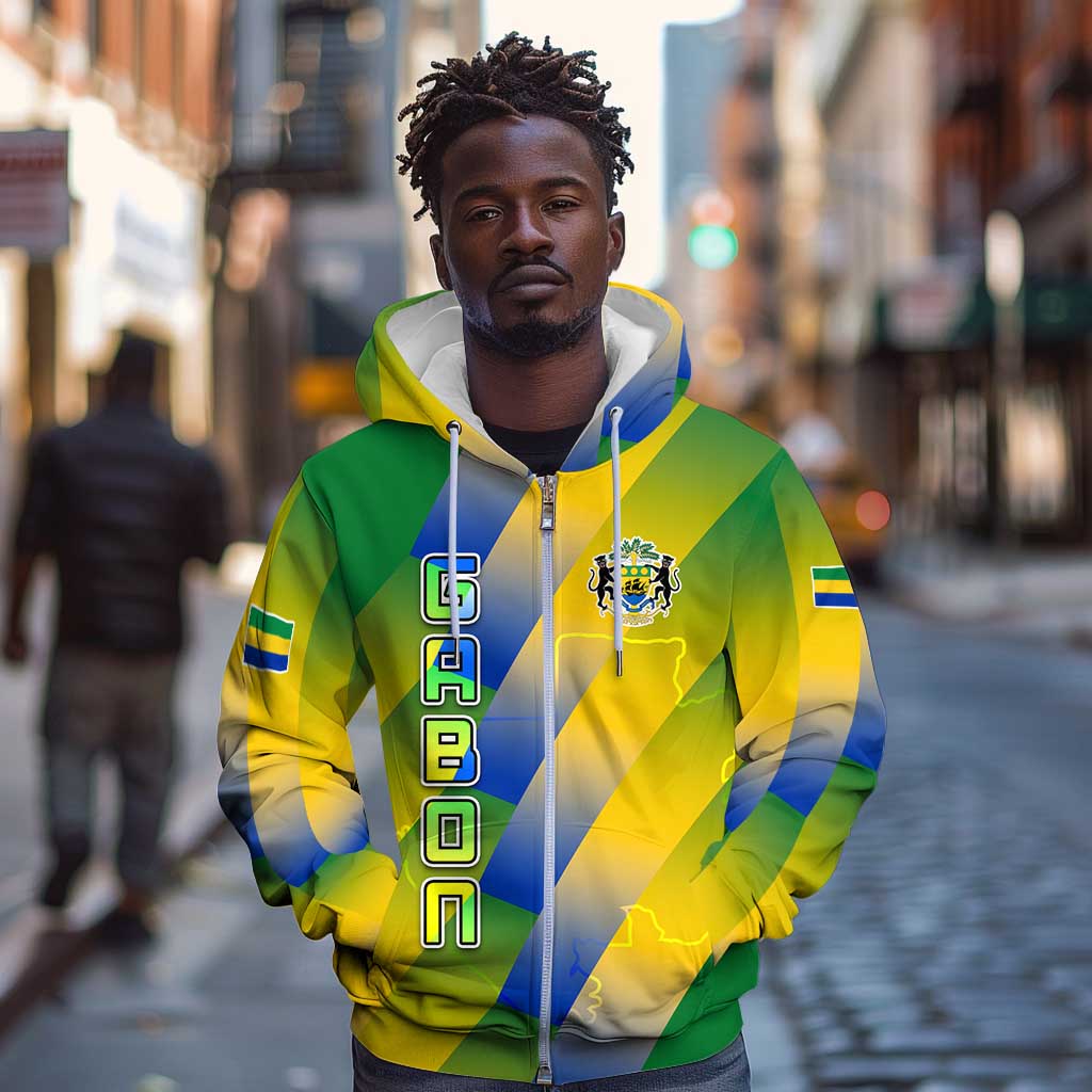 Gabon Flag Zip Hoodie - National Coat of Arms and Vertical Design