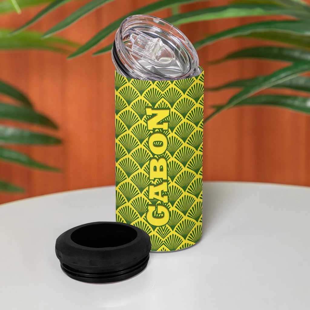 Gabon Tribal Pattern 4 in 1 Can Cooler Tumbler - National Flag Colors and Bold Text Design