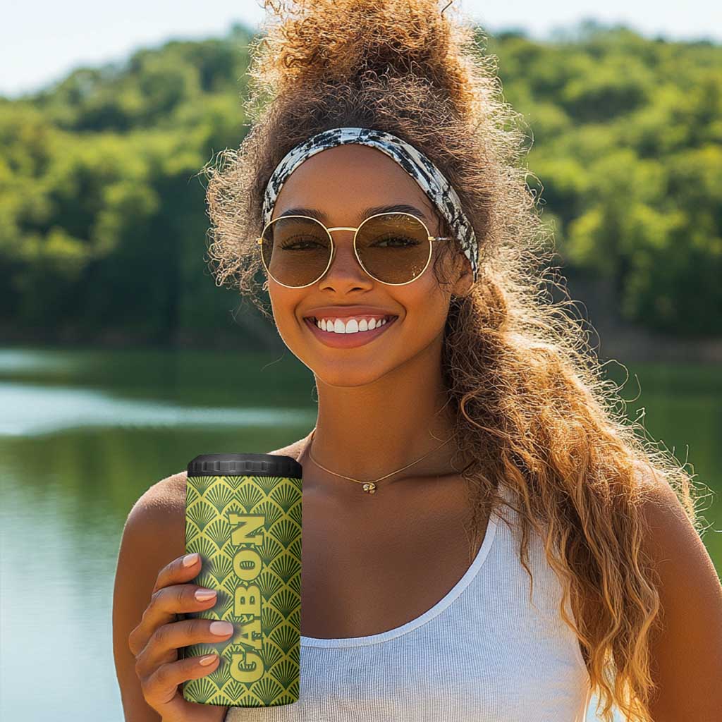 Gabon Tribal Pattern 4 in 1 Can Cooler Tumbler - National Flag Colors and Bold Text Design