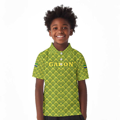 Gabon Tribal Pattern Kid Polo Shirt - National Flag Colors and Bold Text Design