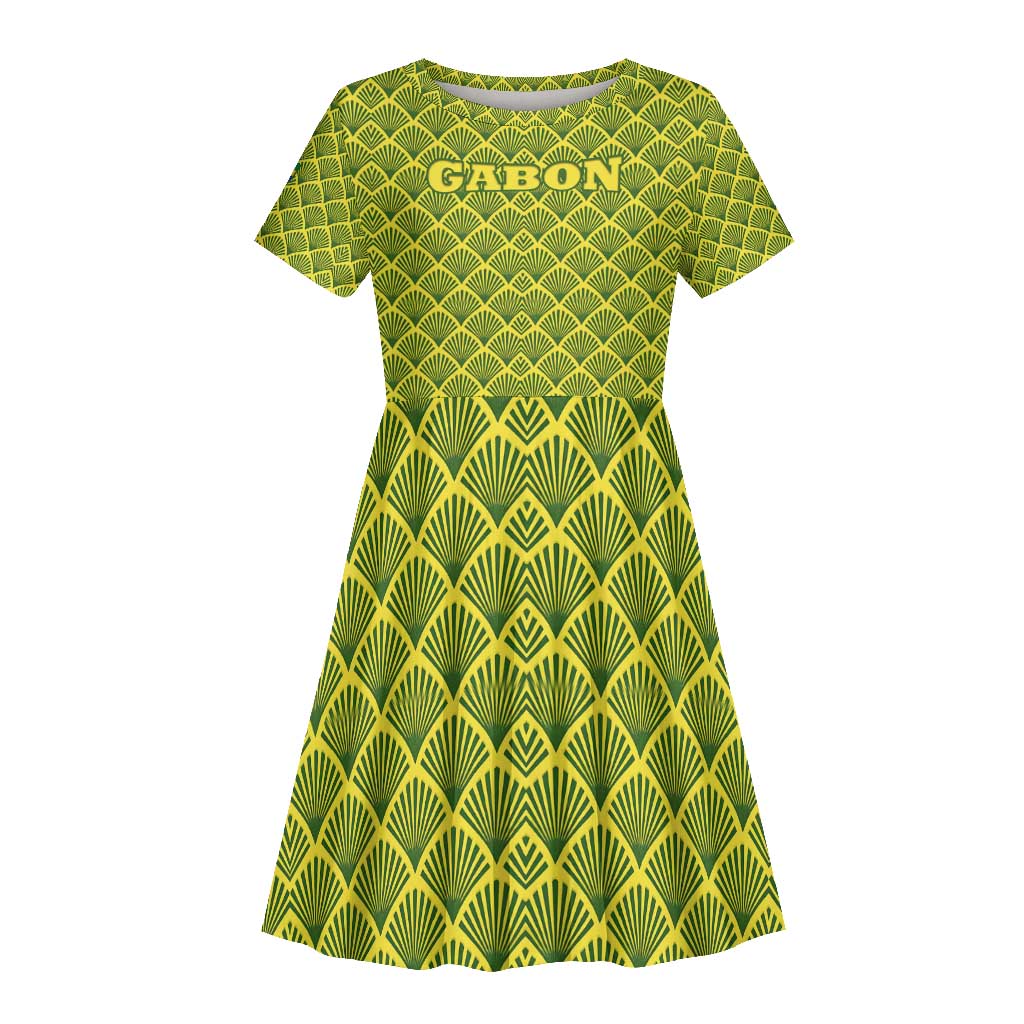 Gabon Tribal Pattern Kid Short Sleeve Dress - National Flag Colors and Bold Text Design