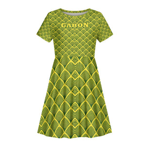 Gabon Tribal Pattern Kid Short Sleeve Dress - National Flag Colors and Bold Text Design
