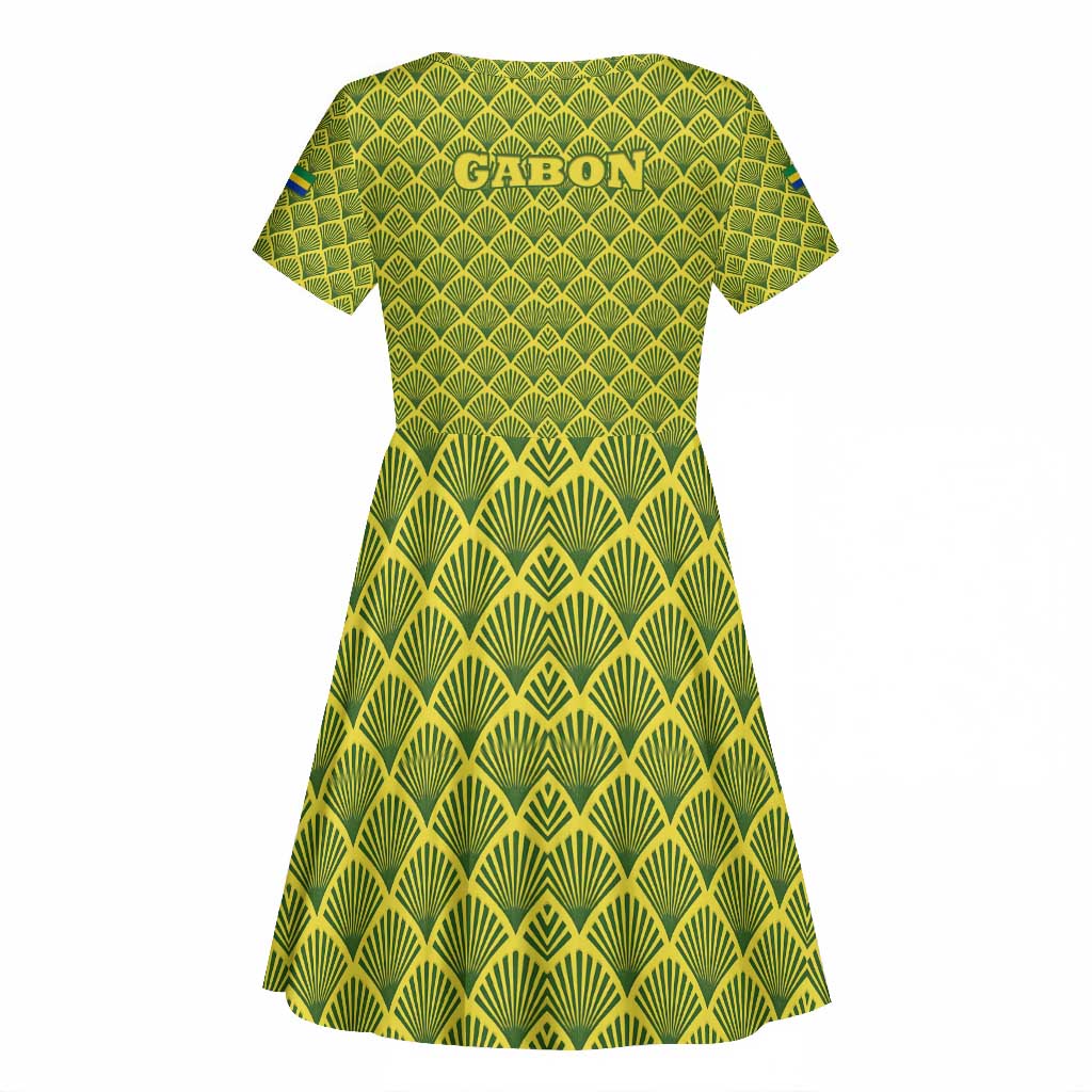 Gabon Tribal Pattern Kid Short Sleeve Dress - National Flag Colors and Bold Text Design