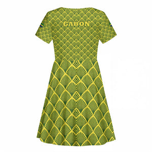 Gabon Tribal Pattern Kid Short Sleeve Dress - National Flag Colors and Bold Text Design