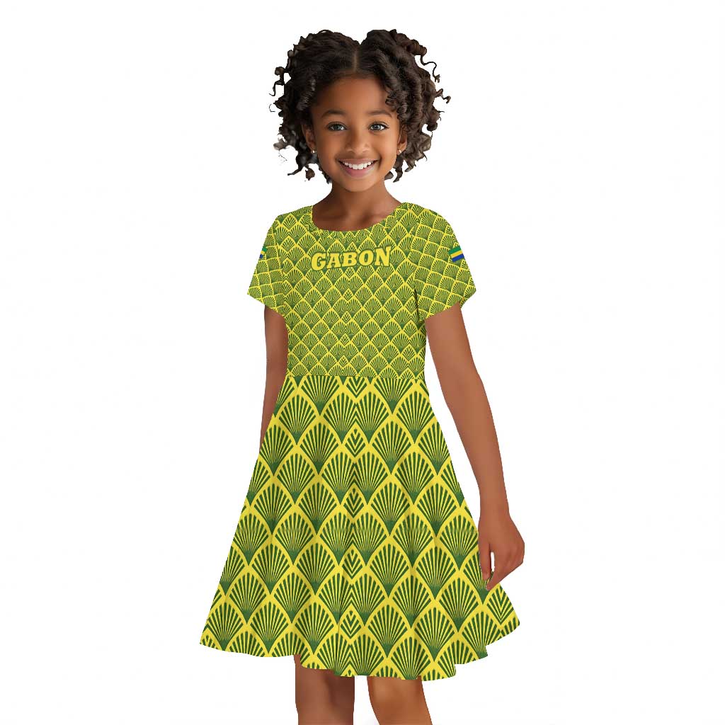 Gabon Tribal Pattern Kid Short Sleeve Dress - National Flag Colors and Bold Text Design
