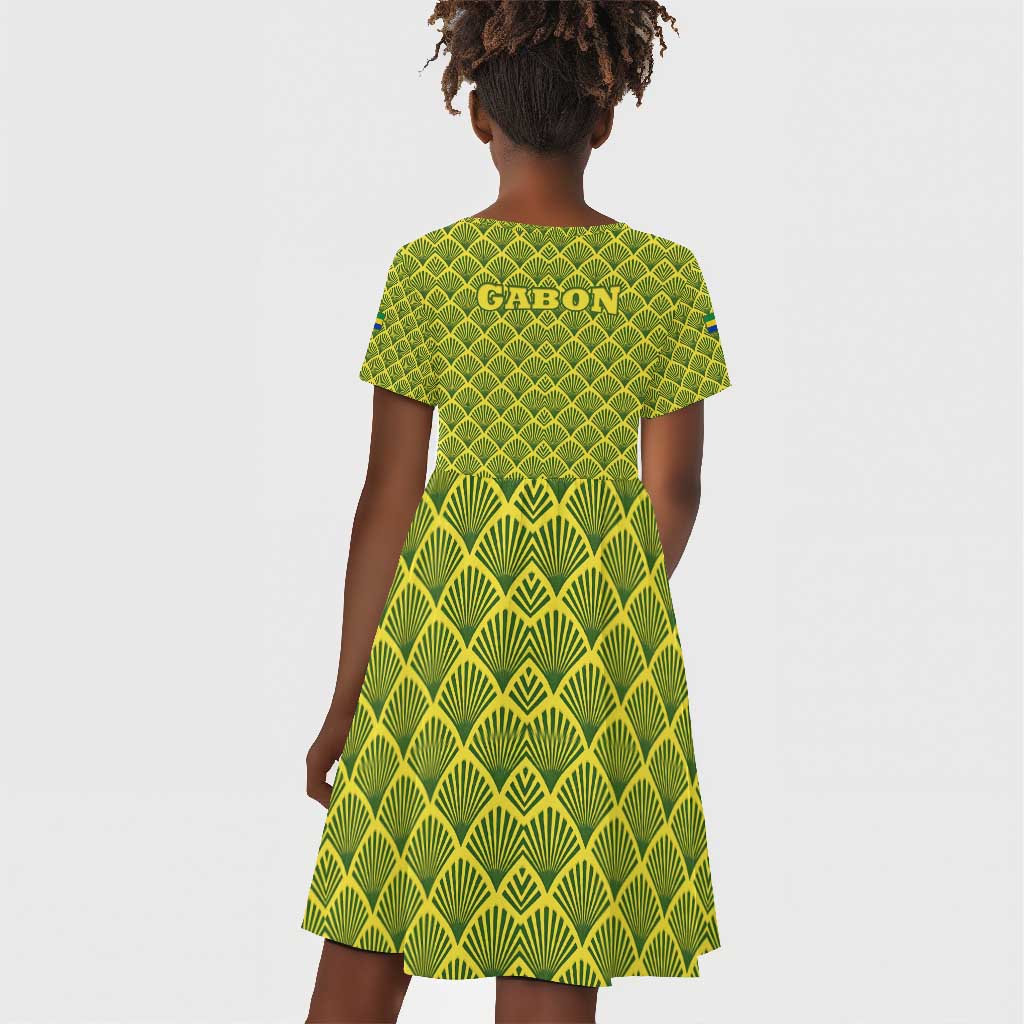 Gabon Tribal Pattern Kid Short Sleeve Dress - National Flag Colors and Bold Text Design