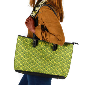 Gabon Tribal Pattern Leather Tote Bag - National Flag Colors and Bold Text Design