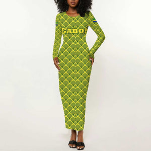 Gabon Tribal Pattern Long Sleeve Bodycon Dress - National Flag Colors and Bold Text Design
