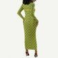 Gabon Tribal Pattern Long Sleeve Bodycon Dress - National Flag Colors and Bold Text Design