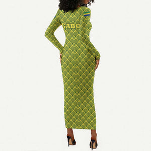 Gabon Tribal Pattern Long Sleeve Bodycon Dress - National Flag Colors and Bold Text Design
