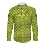 Gabon Tribal Pattern Long Sleeve Button Shirt - National Flag Colors and Bold Text Design