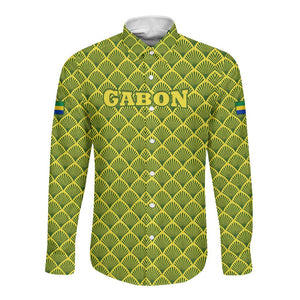 Gabon Tribal Pattern Long Sleeve Button Shirt - National Flag Colors and Bold Text Design