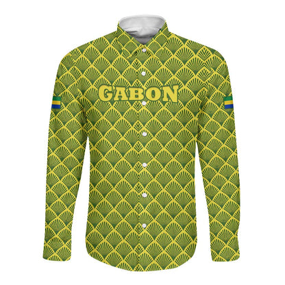 Gabon Tribal Pattern Long Sleeve Button Shirt - National Flag Colors and Bold Text Design