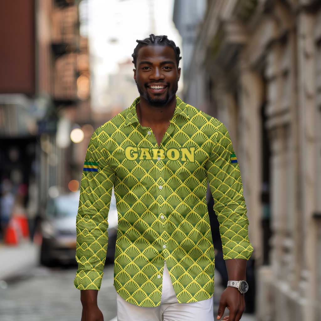 Gabon Tribal Pattern Long Sleeve Button Shirt - National Flag Colors and Bold Text Design
