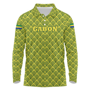 Gabon Tribal Pattern Long Sleeve Polo Shirt - National Flag Colors and Bold Text Design