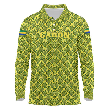 Gabon Tribal Pattern Long Sleeve Polo Shirt - National Flag Colors and Bold Text Design