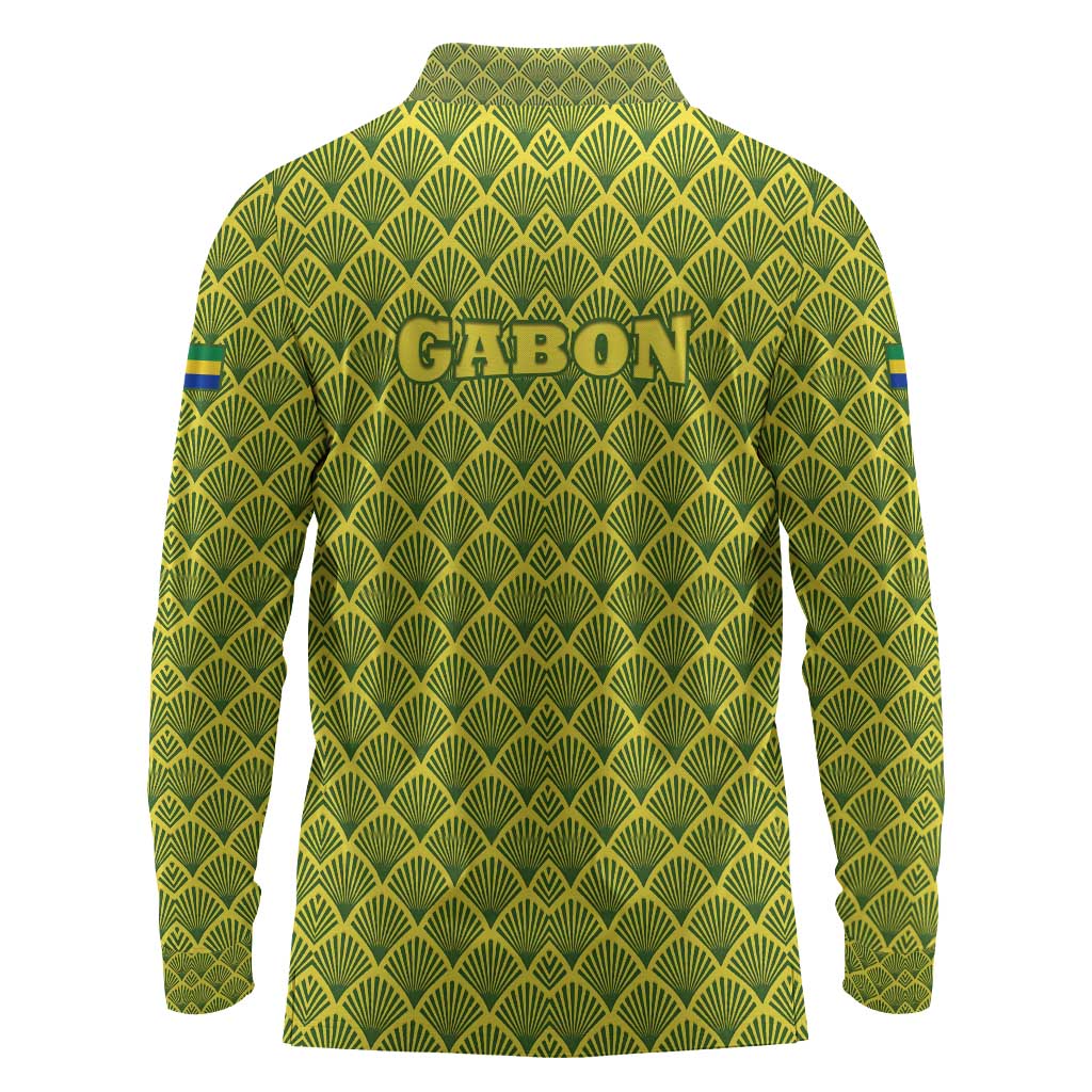 Gabon Tribal Pattern Long Sleeve Polo Shirt - National Flag Colors and Bold Text Design