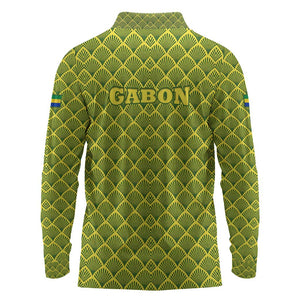 Gabon Tribal Pattern Long Sleeve Polo Shirt - National Flag Colors and Bold Text Design