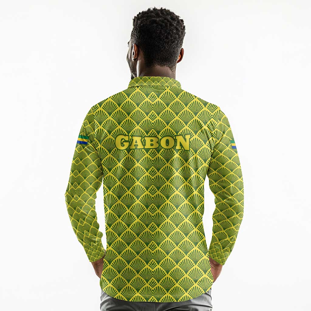Gabon Tribal Pattern Long Sleeve Polo Shirt - National Flag Colors and Bold Text Design