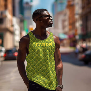Gabon Tribal Pattern Men Tank Top - National Flag Colors and Bold Text Design