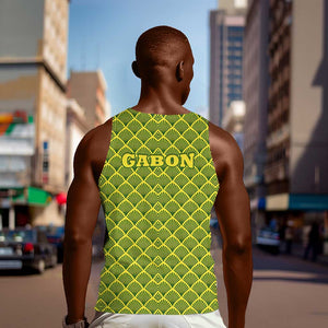 Gabon Tribal Pattern Men Tank Top - National Flag Colors and Bold Text Design
