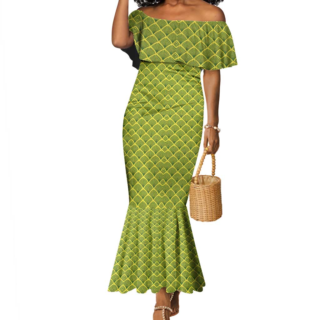 Gabon Tribal Pattern Mermaid Dress - National Flag Colors and Bold Text Design