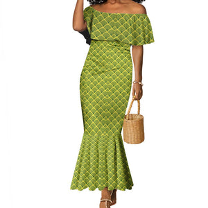 Gabon Tribal Pattern Mermaid Dress - National Flag Colors and Bold Text Design