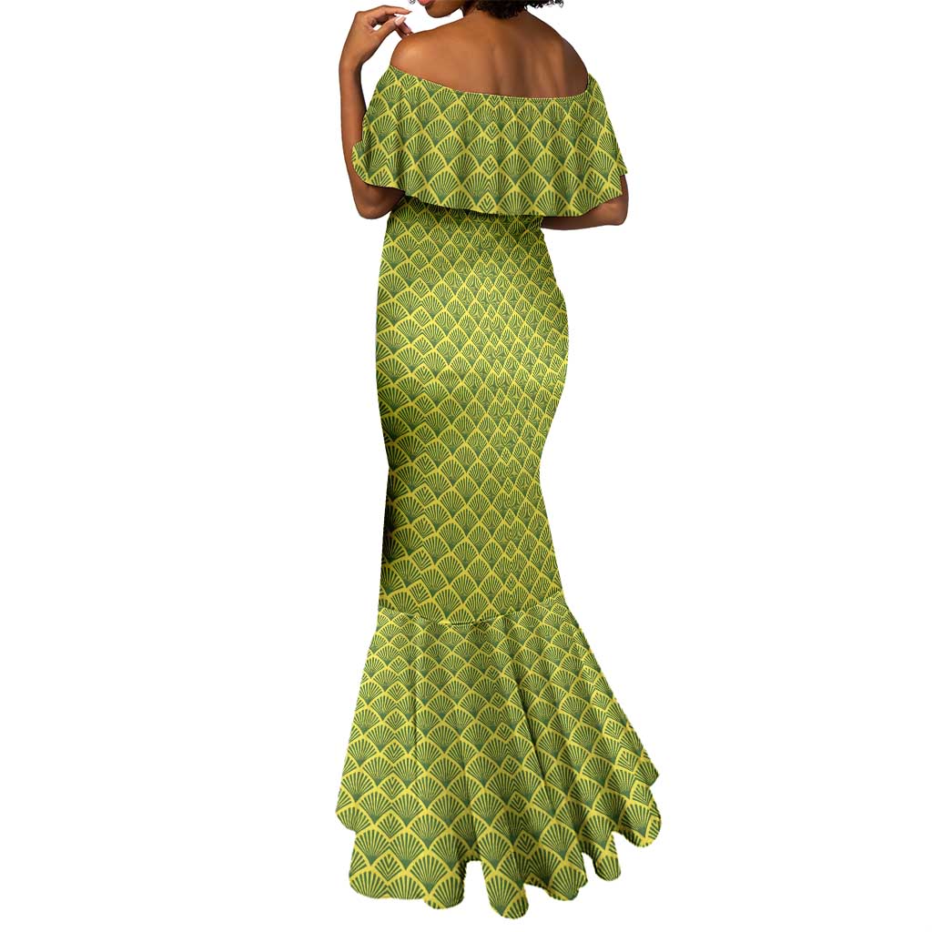 Gabon Tribal Pattern Mermaid Dress - National Flag Colors and Bold Text Design