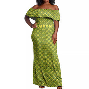 Gabon Tribal Pattern Off Shoulder Maxi Dress - National Flag Colors and Bold Text Design