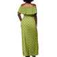 Gabon Tribal Pattern Off Shoulder Maxi Dress - National Flag Colors and Bold Text Design