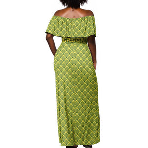 Gabon Tribal Pattern Off Shoulder Maxi Dress - National Flag Colors and Bold Text Design